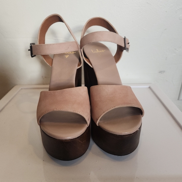 Lulus Lolita Leather Light Nude Suede Wooden Platform Heels - Picture 3 of 7